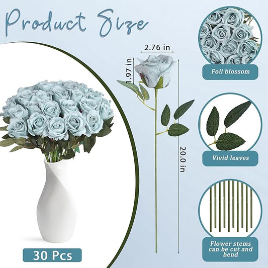 30pcs Fake Roses Artificial Silk Flowers Long Stems Bouquet for Wedding Bridal Shower Party Home Decoration (Dusty Blue)