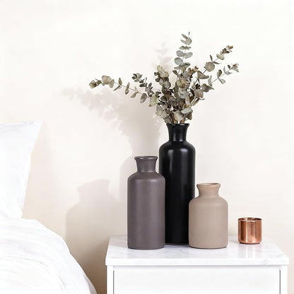Ceramic Vase Set of 3 - Modern Neutral Decorative Vases for Home Decor, Rustic Farmhouse Boho Vases for Living Room, Mantel, Dining Table, Bookshelf, Kitchen or Entryway Decoration