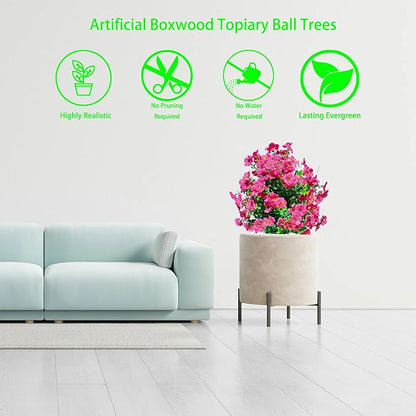 2 Pack Artificial Boxwood Topiary Ball Trees - 23" with Ground Spike, Weather Proof UV Resistant Faux Greenery Shrubs & Bushes for Indoor/Garden, Yard, Porch, Patio Decor (Rose Red)