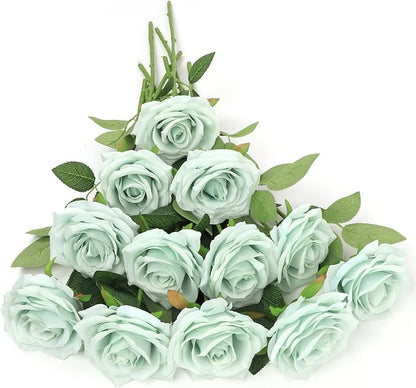 Artificial Rose Flower Sage Green Flowers Sage Green Roses Silk Flowers 12 pcs with Long Stem Silk Roses Bouquet for Wedding Bridal Shower Part Home Decoration