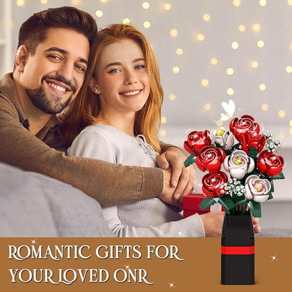 OKKIDY Roses Flowers Bouquet Building Set for Adults with Vase, Red Rose Artificial Flower Botanical Collection Plant Toy Kit, for Her Women Wife Mom, Home Decor(841PCS)