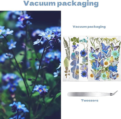 CONVELIFE Pressed Flowers112 Pcs , Blue Natural Dried Pressed Flowers with 10Butterfly Stickers, Pressed Leaves kit for Scrapbook Supplies Card Making Resin Jewelry Making Soap Candle DIY Crafts