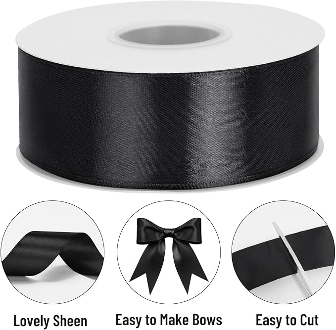 KINGLAKE Black Satin Ribbon - 1 1/2'' x 100 Yards Polyester Black Ribbon for Gift Wrapping, Halloween, Wedding, Party Decoration, DIY Crafts, Floral Bouquets and Wreath Bows