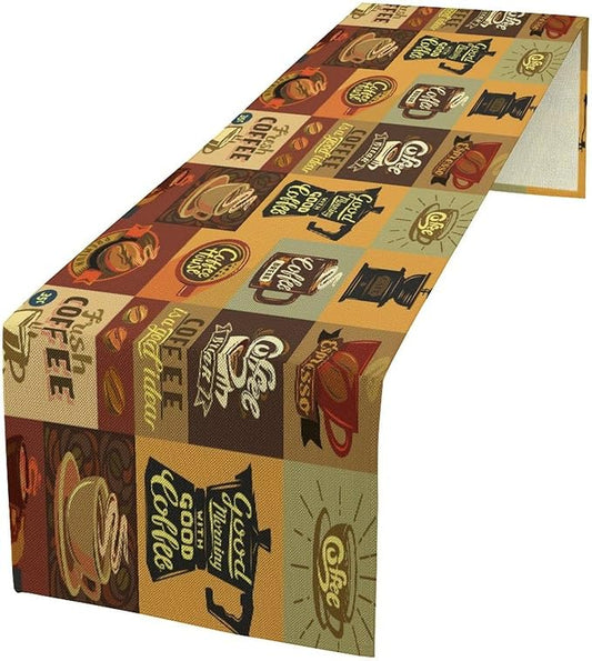 Coffee Table Runner,Vintage Style Coffee Beans Cups Theme Design Pattern Print Tablecloth Burlap for Hotel Indoors Outdoor Dining Room Kitchen Holiday Party, 13x80in
