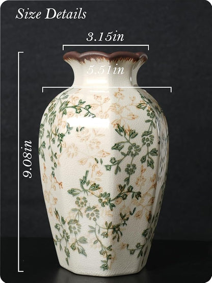 Vintage Ceramic Vase - 9 Inch Hand-Painted Flowers with Ice Crackle Glaze Finish, American Farmhouse Style Pitcher Vase for Home Decor, Centerpiece, Shelf, Table, Office