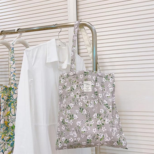 Cotton Canvas Tote Bag Reusable Soft Grocery Cloth Bag Floral Shoulder Bag for Beach Travel Shopping