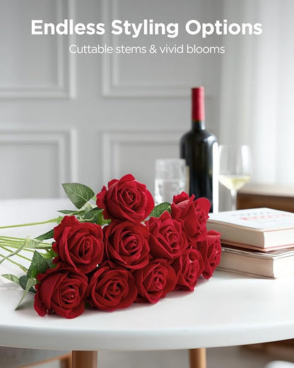 InnoGear 50 Pcs Red Roses Artificial Flowers, Fake Velvet Silk Rose Bulk Faux Flower for Decoration DIY Wedding Centerpieces Proposal Bridal Bouquets Shower Party Home Floral Decor (50, Red)