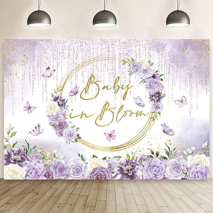 MEHOFOND Baby in Bloom Baby Shower Backdrop Purple Floral Butterfly Baby Shower Party Decorations Baby Girl's Watercolor Floral Glitter Drops Decorations Supplies Banner Photo Booth Studio Props
