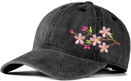 Cute Flower Hat, Elegant Floral Embroidered Adjustable Baseball Cap for Men Women, Gifts for Flower Lovers, Black