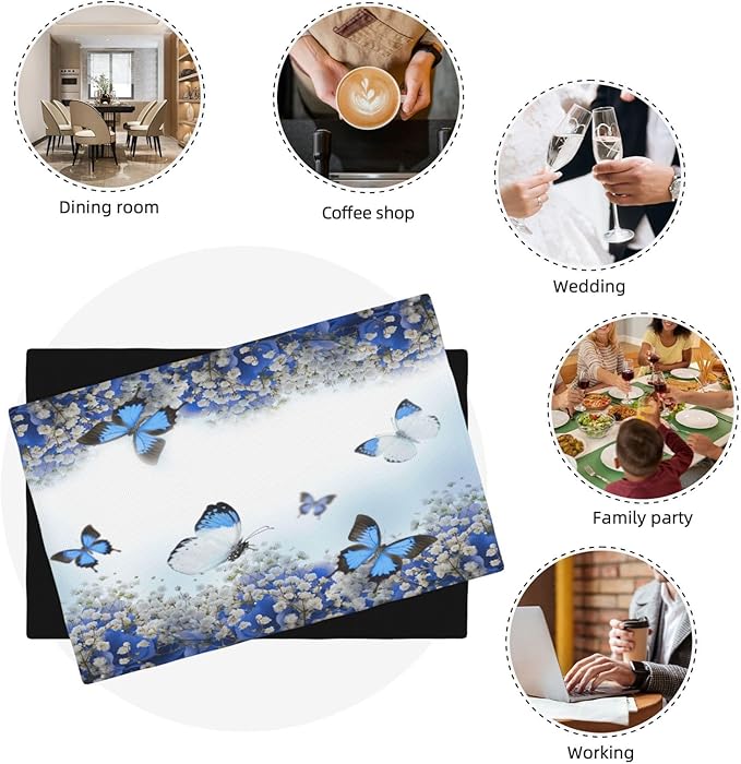 Blue Butterfly Flowers Placemats Set of 4,Spring Summer Flower Place Mats Washable for Kitchen Dining Table Heat Resistant Decorative Colth Table Mats 4 PCS, Style-3