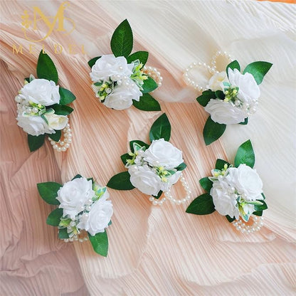 Meldel White Wrist Corsage for Prom, Set of 2, Iovry Wrist Flower for Bride Bridal Bridesmaid Mother Rustic Fall Wedding Party, Rose Hand Flower for Girl Homecoming Ceremony