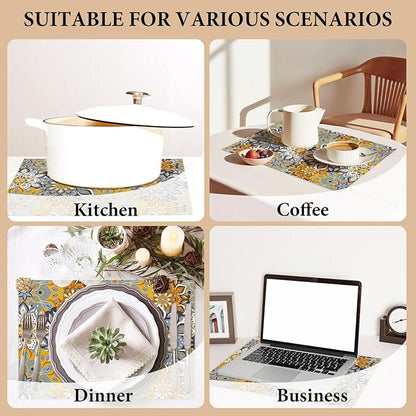 Cotton Linen Waterproof Placemats Set of 4, Blue Teal Flowers Bohemian Dining Mat Table Mats Decor Fabric for Kitchen Dinner Coffee Shop Table, Indoor/Outdoor Washable Wipeable Placemat -N018