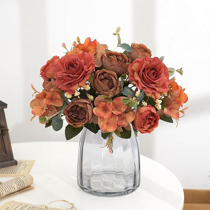 2 Packs Fall Orange Flowers Artificial for Decoration, Fake Peony Silk Rose Flowers Hydrangea Bouquet Fall Floral Arrangement for Table Centerpieces Home Living Room Decor (2, Fall Orange)