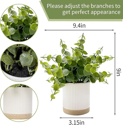 Small Fake Eucalyptus for Decorative Trays,9.5" Artificial Eucalyptus Ceramic Potted Plants for Office Desk,Faux Greenery Plant for Home Bathroom Floating Shelves Decor(Green)