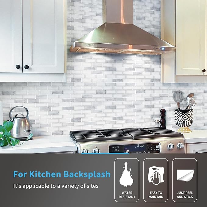 Art3d 10-Sheet Peel and Stick Backsplash Tile in White Marble, Self-Adhesive Wall Tiles Stick on Kitchen Laundry Room RV Renter - 12 x 12 Inch