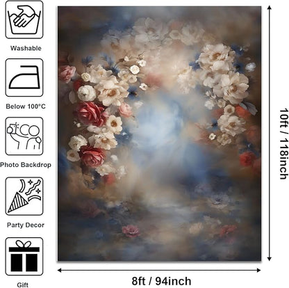Mocsicka Abstract Floral Backdrop for Photography Retro Blue and Brown Spring Watercolor Painting Floral Background Newborn Baby Shower Princess Girls Portrait Decoration Backdrop (10x8ft)