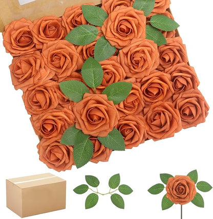 200PCS Artificial Flowers Burnt Orange Roses Real Looking Foam Fake Roses with Leaves and for DIY Wedding Bouquets Bridal Shower Centerpieces Party Decorations (Burnt Orange, 200)