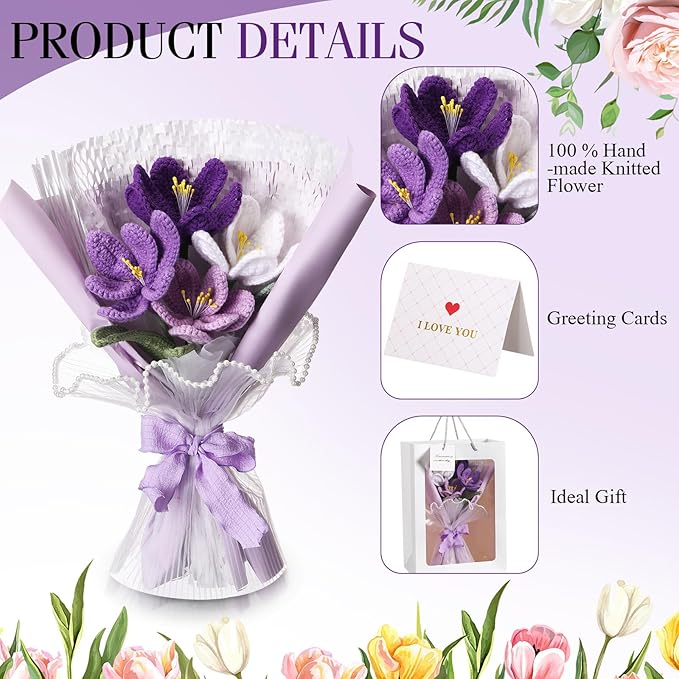 Crochet Flowers Bouquet Gift Christmas Crochet Flower Tulips Completed Handmade Knitted Bouquet with Card for Women Girlfriend Lover Appreciation Gift Birthday Wedding Teacher Decor(Purple)