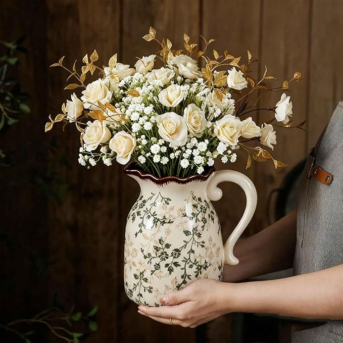 Vintage Ceramic Vase with Handle, Green and Beige Rustic Flower Pitcher Vase for Home Decor, Decorative Vase for Living Room, Bookshelf, Office, Vases for Centerpieces 8 Inch