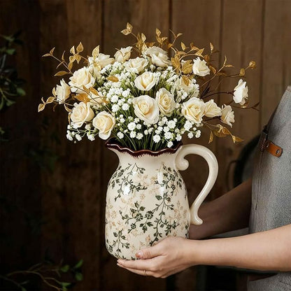 Vintage Ceramic Vase with Handle, Green and Beige Rustic Flower Pitcher Vase for Home Decor, Decorative Vase for Living Room, Bookshelf, Office, Vases for Centerpieces 8 Inch