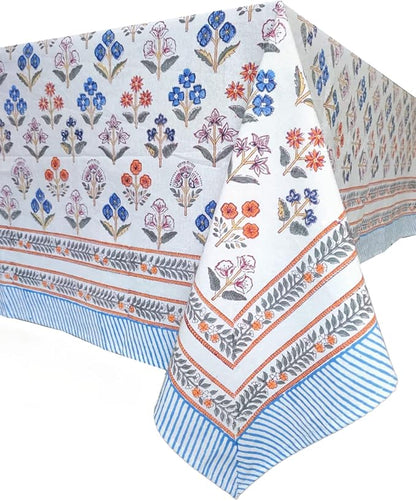 ATOSII Flora Bloom 100% Cotton Rectangle Boho Fall Tablecloth, Handblock Floral Table Cloth Linen for Kitchen Dining I Parties Wedding Outdoors Christmas Thanksgiving I 72 X 108 Inches I 8 Seater