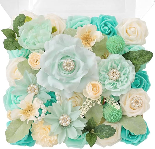 TINGE TIME Artificial Flowers Combo Mix Silk Flowers Teal Green Roses w/stem for DIY Wedding Bridal Bouquets Baby Shower Floral Arrangement Table Centerpieces Home Decorations (TealGreen&Champagne)