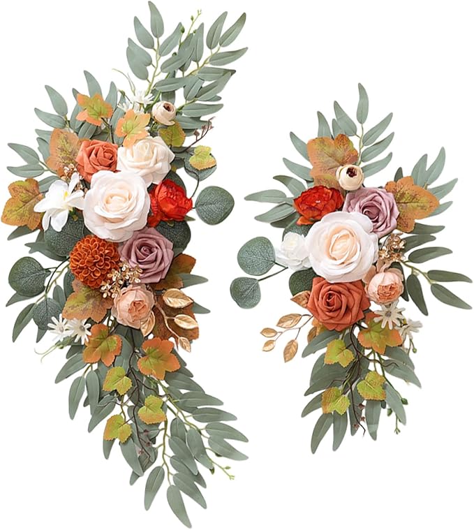 Faux Flower Swag Set of 2, Orange Artificial Flowers Swags for Wedding Arch, Wedding Welcome Signs, Welcome Reception Ceremony Signs Decorations
