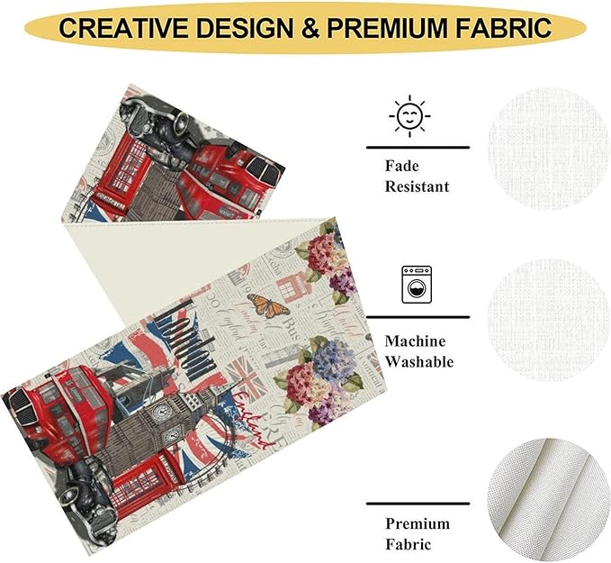 British Table Runner, Seasonal Vintage Floral England London Culture Element Coffee Table Center Decor for Home Kitchen Dining Patio Holiday Party Table Decorations 13x108 inches
