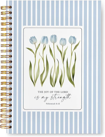 VIIJJUE Blue Tulip Floral Christian Notebook Journal, Tulip Floral Christian Gifts, Blue Notebook Office Supplies, Nehemiah 8:18 Bible Verses Scripture Religious Hardcover Spiral Journal 5.5x8.3 Inch