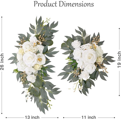 Wedding Arch Flowers, 2 Pack Floral Swag for Wedding Welcome Sign Decorations, Artificial White Roses Greenery Garland for Ceremony and Reception Backdrop Decor