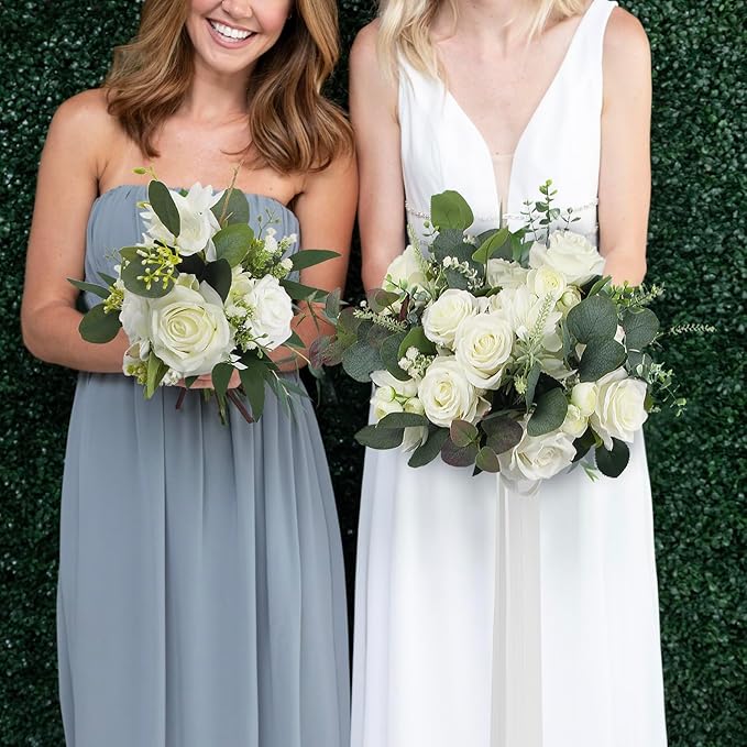 Rinlong Wedding Bouquets for Bride White Sage Green Bridal Bouquet for Wedding Artificial Flowers Silk Bouquet Ceremony