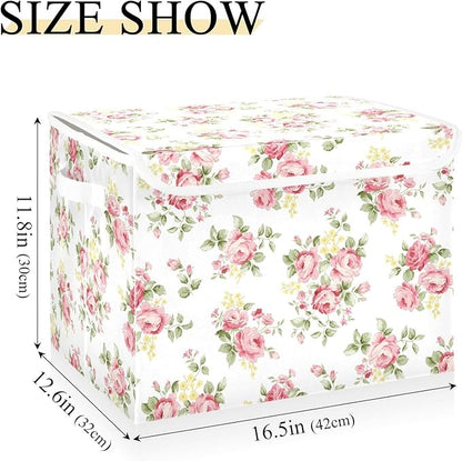 Flower Baskets Collapsible Storage Bins with Lids, Pink Rose Flower Floral Storage Boxes Clothes Baskets for Organizing
