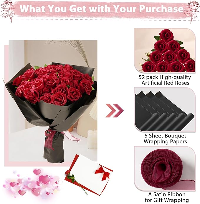 Red Roses Artificial Flowers Bulk, 52Pcs Fake Roses Flower Arrangement, DIY Silk Flowers Roses Bouquet, Realistic Faux Artificial Roses for Mother's Day Home Table Decor