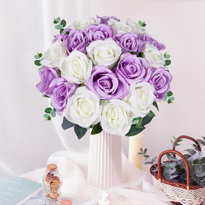 20PCS Artificial Roses with Long Stems - Realistic Silk Flowers, Fake Roses Real Touch Bouquet of Roses for Home Decor, Bridal Wedding Party Table Centerpieces, Bulk Faux Rose Flowers (White Purple)