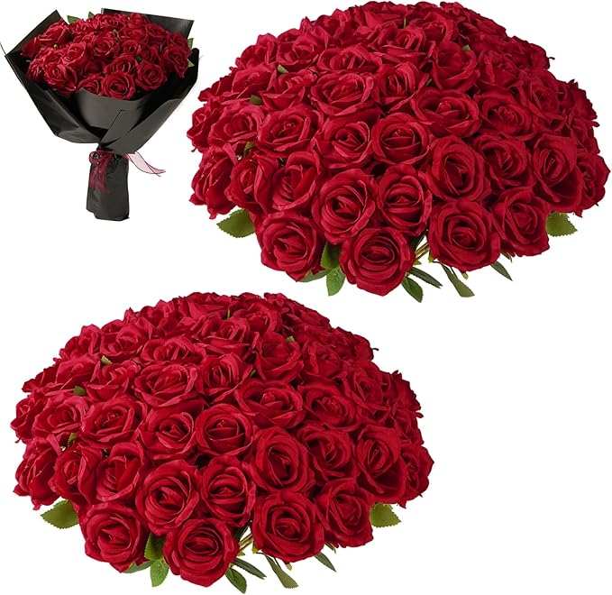 Red Roses Artificial Flowers Bulk, 52Pcs Fake Roses Flower Arrangement, DIY Silk Flowers Roses Bouquet, Realistic Faux Artificial Roses for Mother's Day Home Table Decor
