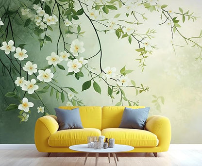 Spring Blossom Floral Wall Mural, Minimalist White Floral 3D Wall Murals, Elegant Botanical Wallpaper Mural, for Living Room Bedroom Large Wallpaper Indoor Decor 169.3" W x118.2 H