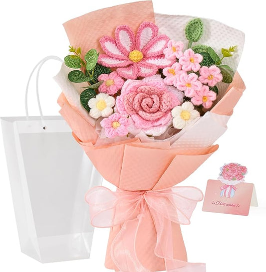 Alecono Crochet Flower Bouquet, Knitted Flowers, Pink Handmade Bouquet of Flowers for Lover Anniversary Birthday Party Mother's Day Graduation Gifts (Include Card)