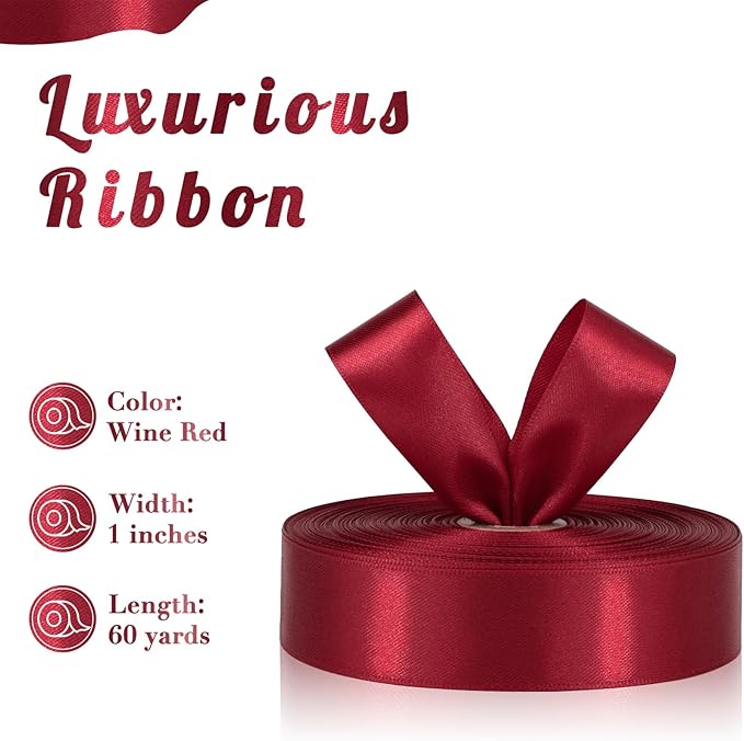 Wine Red Ribbon 1 Inch 60 Yards, Versatile Maroon Satin Ribbon for Crafts, Gift Wrapping, Flower Bouquet, Graduation Lei, Baby Shower, Christmas, Halloween