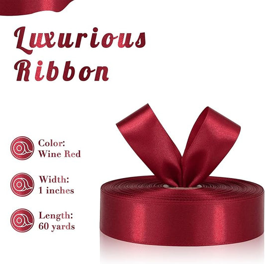 Wine Red Ribbon 1 Inch 60 Yards, Versatile Maroon Satin Ribbon for Crafts, Gift Wrapping, Flower Bouquet, Graduation Lei, Baby Shower, Christmas, Halloween