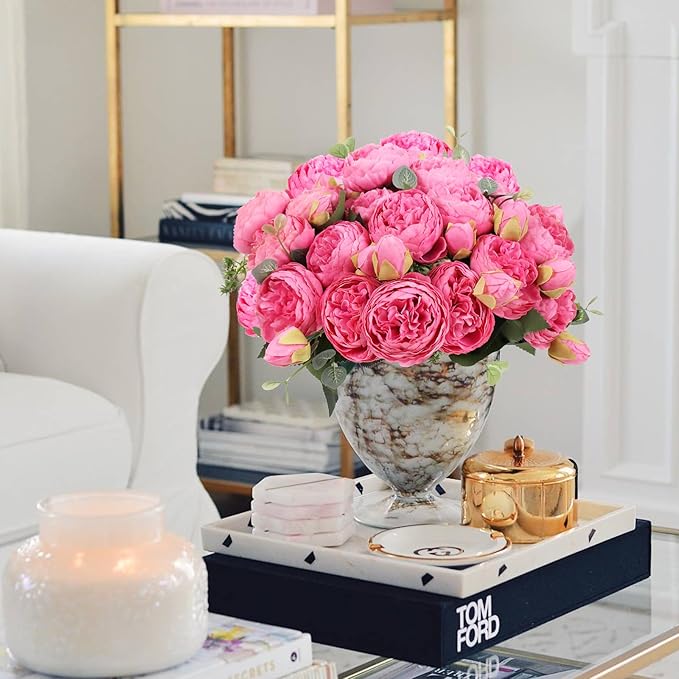 DEEMEI Artificial Peony Flower Silk Peonies Bouquet 4 Bundles Fake Flowers Bulk for Home Wedding Party Decor (Red Rose)