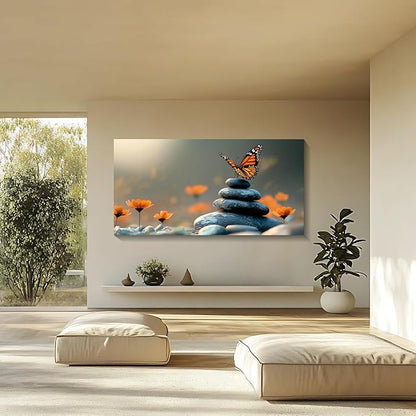 Iallbin Zen Stone Wall Art & Zen Wall Decor, Dark Smooth Rounded Stones Small Star-Shaped Golden-Yellow Flowers-for Yoga Meditation Room, Spa & Bathroom, Orange Monarch butterfly Art Deco Style, 58x29 Inches