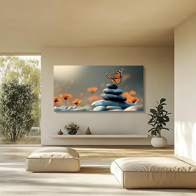 Iallbin Zen Stone Wall Art & Zen Wall Decor, Dark Smooth Rounded Stones Small Star-Shaped Golden-Yellow Flowers-for Yoga Meditation Room, Spa & Bathroom, Orange Monarch butterfly Art Deco Style, 48x24 Inches