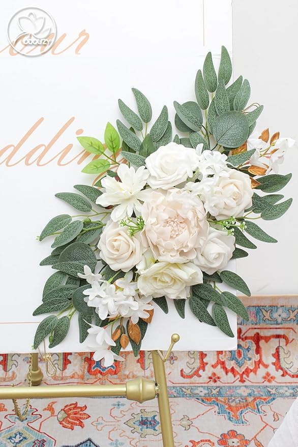 Pack of 2 Wedding Arch Decorations Artificial Hanging Flowers Floral Swag for Wedding Welcome Sign Backdrop Balloon Arch Home Party Bridal Ceremony Reusable(White)