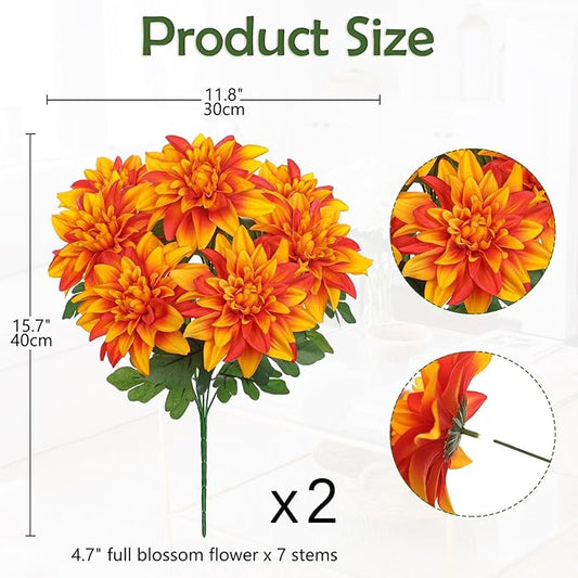 Hollyone 2Pcs Orange Artificial Dahlia Flowers Bush 7 Heads Silk Fake Dahlias Flowers with Stems Wedding Bouquets Faux Dahlia Flowers Arrangements for Outdoor Indoor DIY Table Centerpieces Home Decor