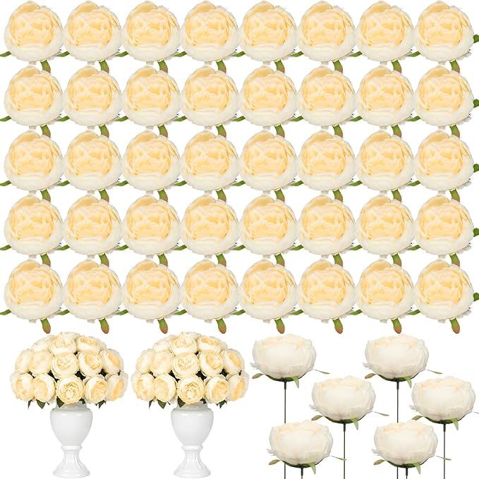 50 Pcs Artificial Peony Flower Bulk 3.5 Inch Silk Peony Flowers Heads with Stems Realistic Fake Roses for DIY Wedding Party Craft Bridal Bouquets Table Centerpieces Vase Home Decor(Champagne)