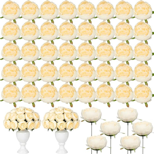 50 Pcs Artificial Peony Flower Bulk 3.5 Inch Silk Peony Flowers Heads with Stems Realistic Fake Roses for DIY Wedding Party Craft Bridal Bouquets Table Centerpieces Vase Home Decor(Champagne)