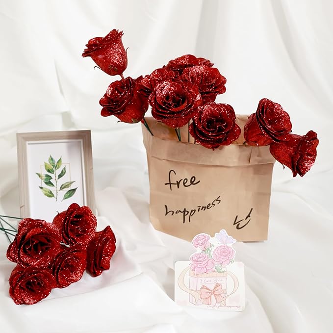 Glitter Roses Bouquet, Shiny Artificial Roses Flowers with Stems DIY Fake Glitter Flowers Bouquet for Valentine's Day, Anniversary, Graduation, Birthday, 36 Roses (Red)