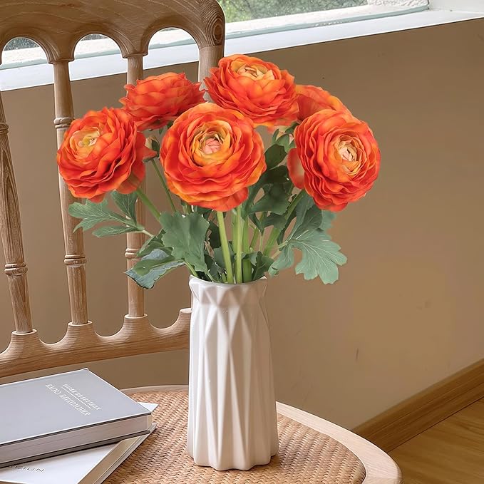 6PCS Orange Ranunculus Artificial Flowers Real Touch Peonies Silk Ranunculus Flowers with Stems for DIY Wedding Bouquet Party Table Home Decor(Orange)