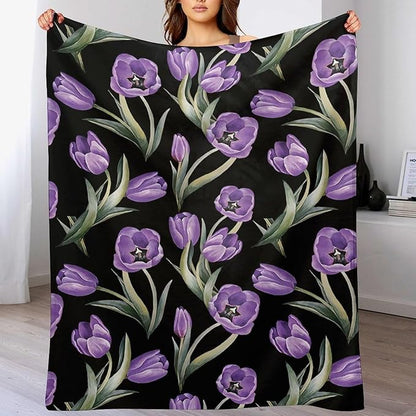 Purple Tulip Blanket Flower Gifts for Girls Women Tulip Floral Throw Blanket for Kids Adults Soft Warm Cozy Fleece Blanket for Couch Sofa Bed 60"x80"