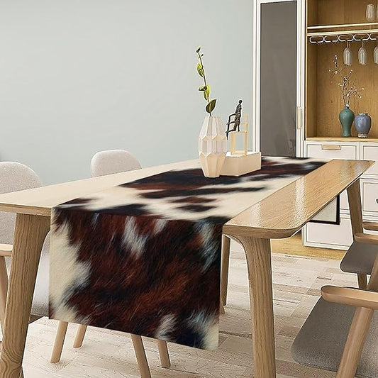 Cow Skin Print Table Runner, Vintage Cottage Country Animal Fur Skin Pattern Western Style Farmhouse Black Brown Cowhide Print Dinner Runner Home Kitchen Dining Table 13x120in